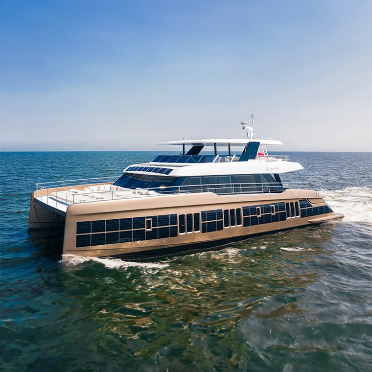 Robb Report SOL This 80-Foot Electric Catamaran Uses a Solar Skin to Help Replenish Its Energy