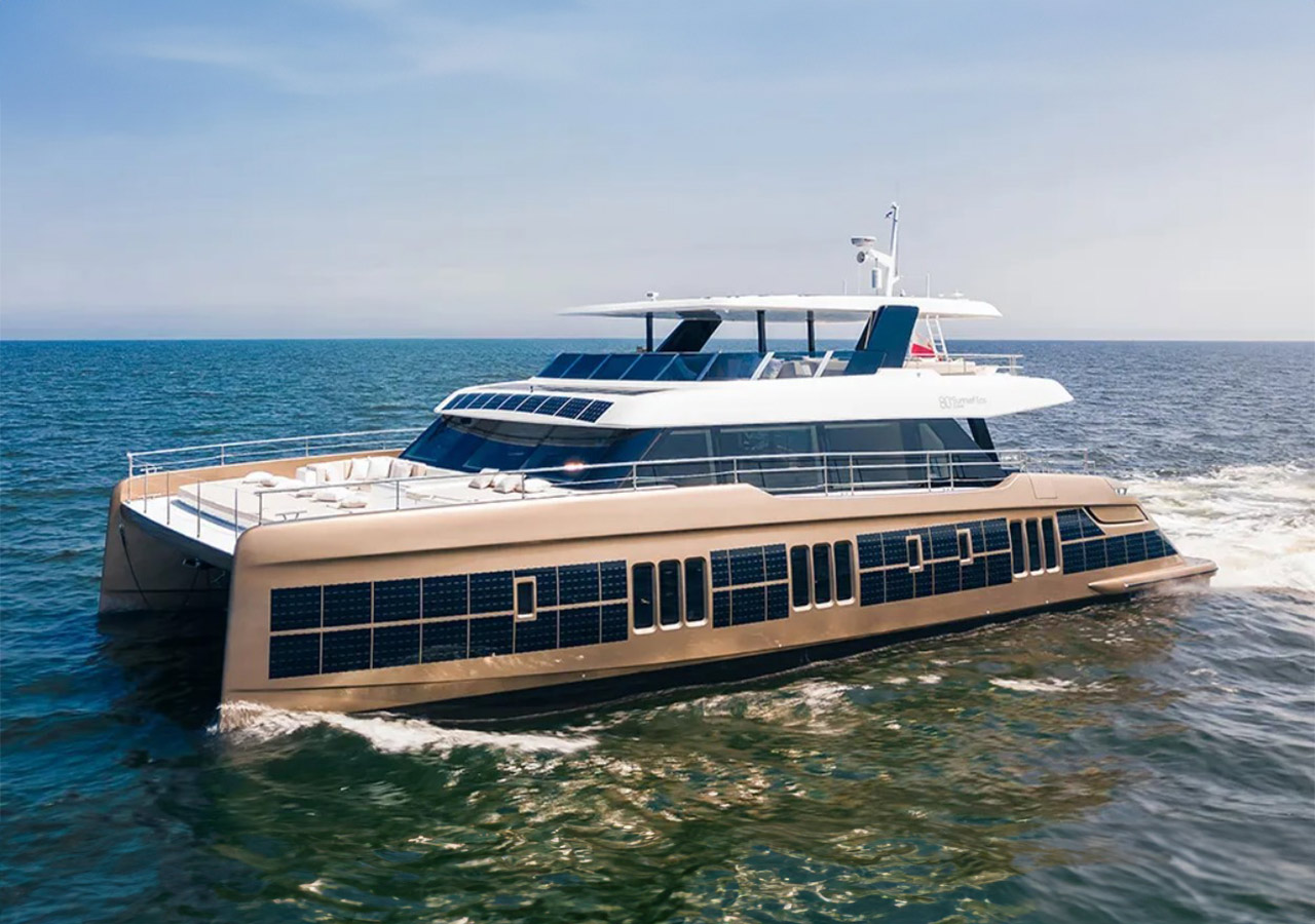 Robb Report SOL This 80-Foot Electric Catamaran Uses a Solar Skin to Help Replenish Its Energy