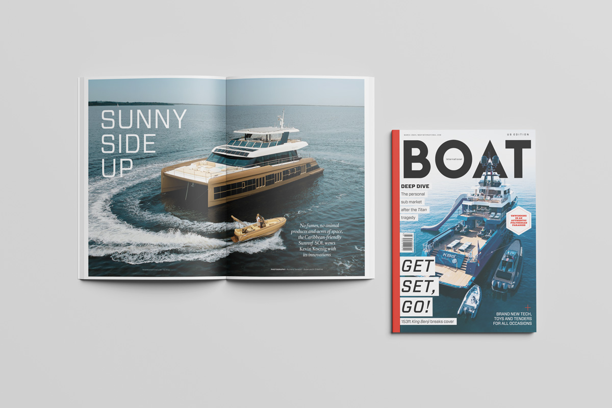 Mockup of Boat International Magazine featuring SOL yacht